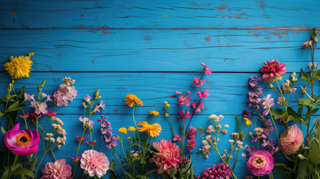Garden flowers over blue wooden table background. Backdrop with copy spaceの素材