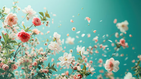 Beautiful spring flowers flying in the air, against teal background; Creative spring floral layout. Minimal birthday, valentines or wedding concept.の素材