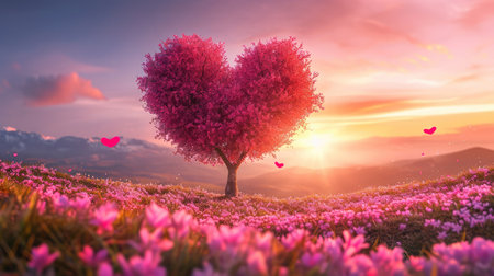 Tree of love in spring. pink heart shaped tree at sunset. Beautiful landscape with flowers.Love background with copy space.Valentine day cardの素材