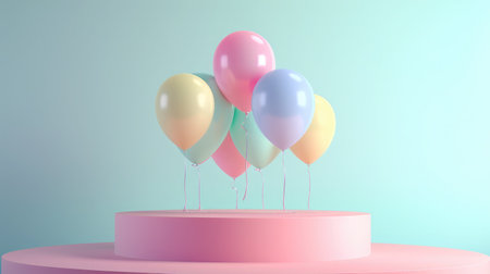 Minimal product podium stage with multicolor pastel color balloons in geometric shape for presentation backgroundの素材