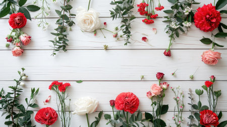 Festive flower composition on the white wooden background. Overhead viewの素材
