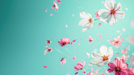 Beautiful spring flowers flying in the air, against teal background; Creative spring floral layout. Minimal birthday, valentines or wedding concept.の素材