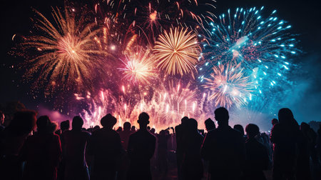 A crowd of people is silhouetted against a dazzling display of fireworks, capturing the shared excitement and wonder of a nighttime celebrationの素材
