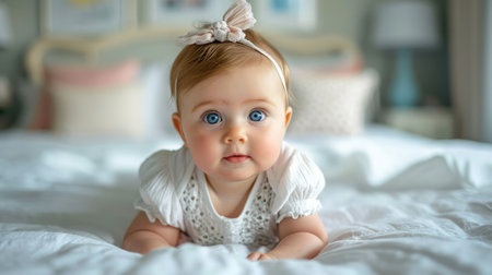 Cute adorable baby girl lying on the bed --ar 16:9 --v 6 Job ID: b1183d15-def0-4229-a7d9-91c202838798の素材
