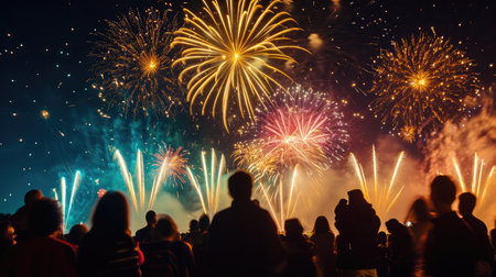 A crowd of people is silhouetted against a dazzling display of fireworks, capturing the shared excitement and wonder of a nighttime celebrationの素材