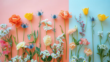 Arrangement of spring flowers against a pastel colors background. Blooming concept. Flat lay. --ar 16:9 --v 6 Job ID: e1188e73-4ad9-4a02-9a62-7ffaef756e28の素材