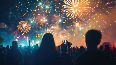 A crowd of people is silhouetted against a dazzling display of fireworks, capturing the shared excitement and wonder of a nighttime celebrationの素材