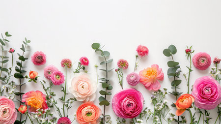 Floral border of pink and orange ranunculus, hyacinth and eucalyptus on a white background. Top view --ar 16:9 --v 6 Job ID: 37a9da54-c4d4-404a-8f37-d226cbd5e023の素材