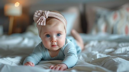 Cute adorable baby girl lying on the bed --ar 16:9 --v 6 Job ID: 4fee0a3d-debd-41e1-a5ee-fd7cfc52fa7aの素材