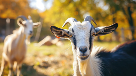 Close up of goats on a farm in autumn. Farm animals.の素材