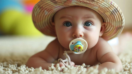 Little baby with soother in hat laysの素材