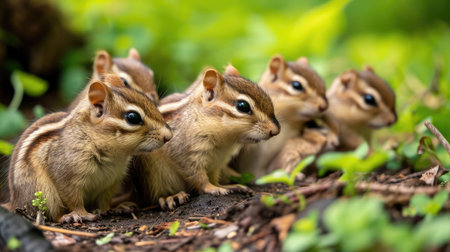 Group of funny chipmunks in the wildの素材