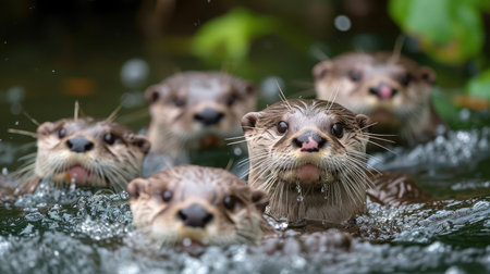 Group of wet Asian small-clawed otters swimming in waterの素材