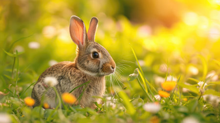 Rabbit in the meadow with flowers, shallow depth of fieldの素材