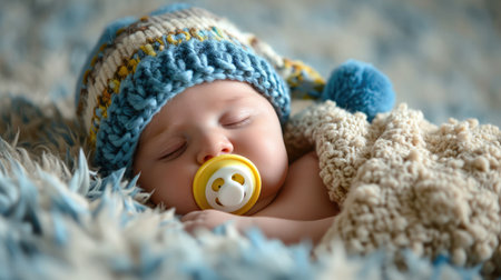 Little baby with soother in hat laysの素材