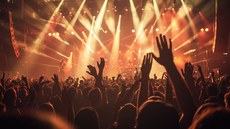Stage lights and crowd of audience with hands raised at a music festival.の素材