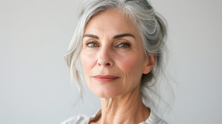 Beautiful gorgeous 50s mid aged mature woman looking at camera isolated on white. Mature old lady close up portrait. Healthy face skin care beauty, middle age skincare cosmetics, cosmetology conceptの素材