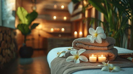 Beautiful spa composition on massage table in wellness center --ar 16:9 --v 6 Job ID: f58d3624-783b-4a8d-96e0-50cbf96c6684の素材