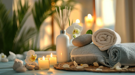 Beautiful spa composition on massage table in wellness center --ar 16:9 --v 6 Job ID: f58d3624-783b-4a8d-96e0-50cbf96c6684の素材