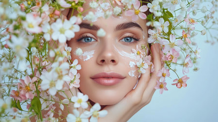 Beautiful young woman with clean fresh skin touching her face in flowers . Girl facial treatment . Cosmetology , beauty and spa . Female model, care conceptの素材