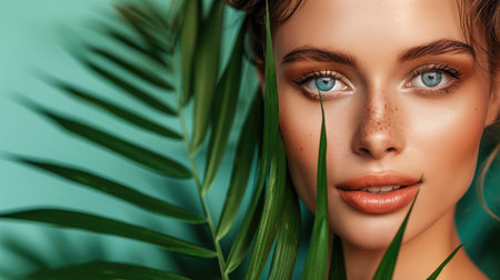 Beautiful woman with perfect skin and natural make-up holding tropical leavesの素材