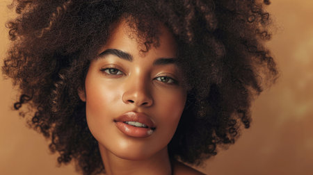Black woman, beauty and skincare face portrait for natural afro, facial or hair care cosmetics. Healthy, beautiful and assertive model with curly hair shine and texture in brown studio background.の素材