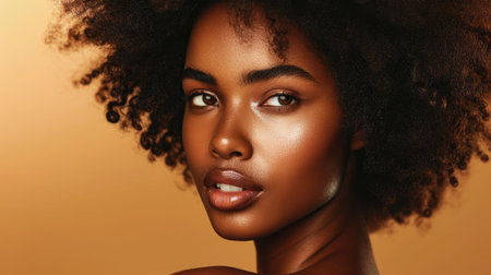 Black woman, beauty and skincare face portrait for natural afro, facial or hair care cosmetics. Healthy, beautiful and assertive model with curly hair shine and texture in brown studio background.の素材