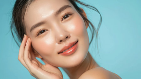 Skin care. Woman with beauty face touching healthy facial skin portrait. Beautiful smiling asian girl model with natural makeup touching glowing hydrated skin on blue background closeupの素材