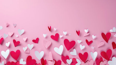 Red, pink and white flying hearts isolated on pink background. Paper cut decorations for Valentine's day border or frame design, --ar 16:9 --v 6 Job ID: c6b3ec11-c319-449d-825d-fe51f79781a0の素材