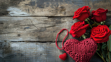 Valentine's day greeting card with red rose flowers bouquet and knitted heart on wooden background. Top view with space for your greetingsの素材
