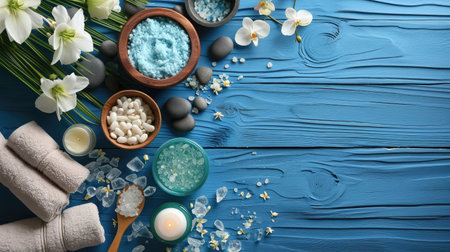 Spa treatments on blue wooden tableの素材
