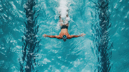 Top View Male Swimmer Swimming in Swimming Pool. Professional Determined Athlete Training for the Championship, using Butterfly Technique. Top View Shotの素材