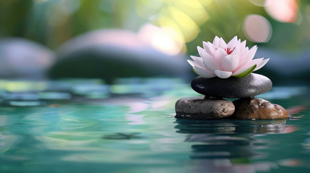Spa still life with water lily and zen stone in a serenity poolの素材
