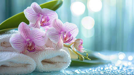 Towel,orchid flowers,bamboo leaf and cosmeticsの素材