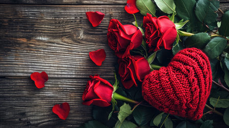 Valentine's day greeting card with red rose flowers bouquet and knitted heart on wooden background. Top view with space for your greetingsの素材