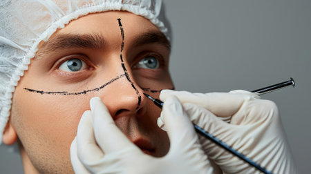 Doctor in protective gloves drawing marks on man's nose for cosmetic surgery operation, standing against grey studio background, free spaceの素材