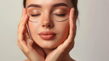 Facial Treatment. Portrait Of Beautiful Sexy Woman With Closed Eyes And Black Surgical Lines On Skin. Closeup Of Hands Touching Young Female Face. Plastic Surgery Concept. High Resolutionの素材