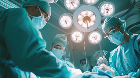 Low Angle Shot in the Operating Room, Assistant Hands out Instruments to Surgeons During Operation. Surgeons Perform Operation. Professional Medical Doctors Performing Surgery.の素材