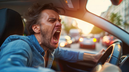 Angry driver screaming at someone from car in traffic jamの素材