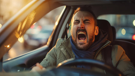 Angry driver screaming at someone from car in traffic jamの素材