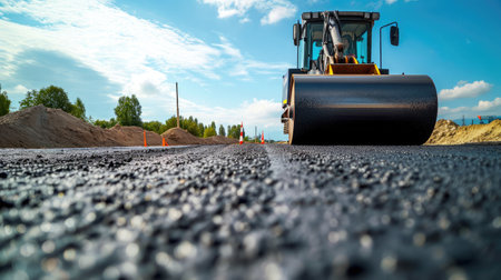 Close view on the road roller working on the new road construction siteの素材
