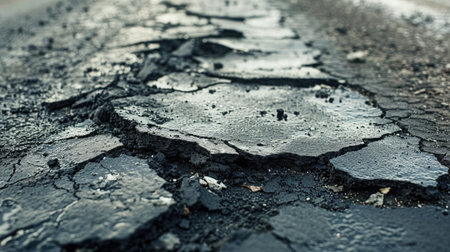 asphalt road that is broken, peeling and potholesの素材
