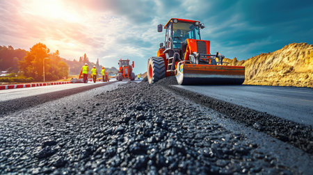 Construction site is laying new asphalt pavement, road construction workers and road construction machinery scene.の素材