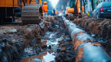 Excavation trench on a city street to replace plastic water pipes or laying cables. Repair and renovation at construction and development site.の素材