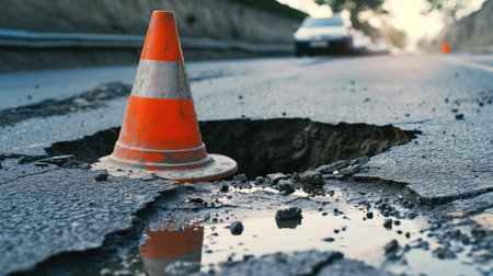 Deep sinkhole on a street city and orange traffic cone. Dangerous hole in the asphalt highway. Road with cracks. Bad construction. Damaged asphalt road collapse and fallen.の素材