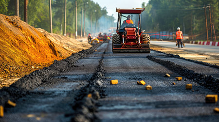 Construction site is laying new asphalt pavement, road construction workers and road construction machinery scene. Highway construction site scene.の素材
