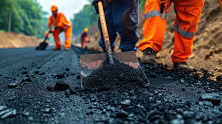 Road workers with shovels in their hands throw forked asphalt on a new road. Road service repairs the highwayの素材