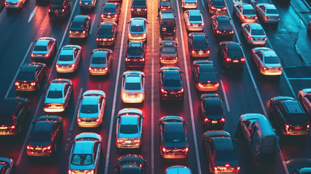 People driving inside car and many cars on the road jam in traffic junction by red light controlの素材