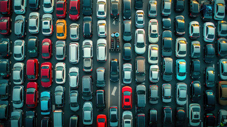 Top view of numerous cars in a traffic jamの素材