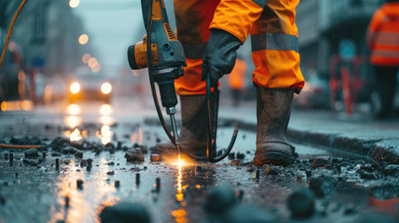 Worker in reflective vest with drill repairing street during roadworksの素材